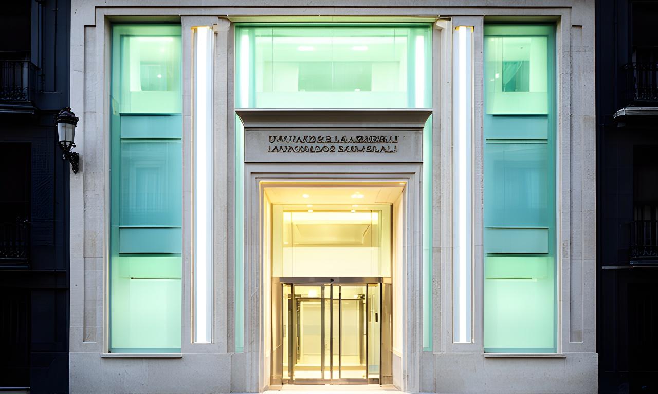 Fachada luminosa del despacho en Calle del Sacramento, Madrid, con un acceso elegante y ambiente profesional