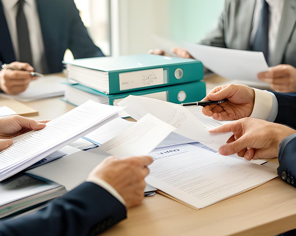 Equipo de abogados revisando expedientes en una sala luminosa de Madrid con mesa de trabajo de madera