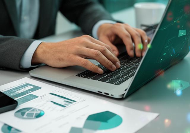 Persona trabajando con portátil y documentos de privacidad en una mesa de oficina moderna